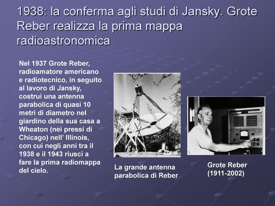 seguito al lavoro di Jansky, costruì una antenna parabolica di quasi 10 metri di diametro nel giardino della sua casa