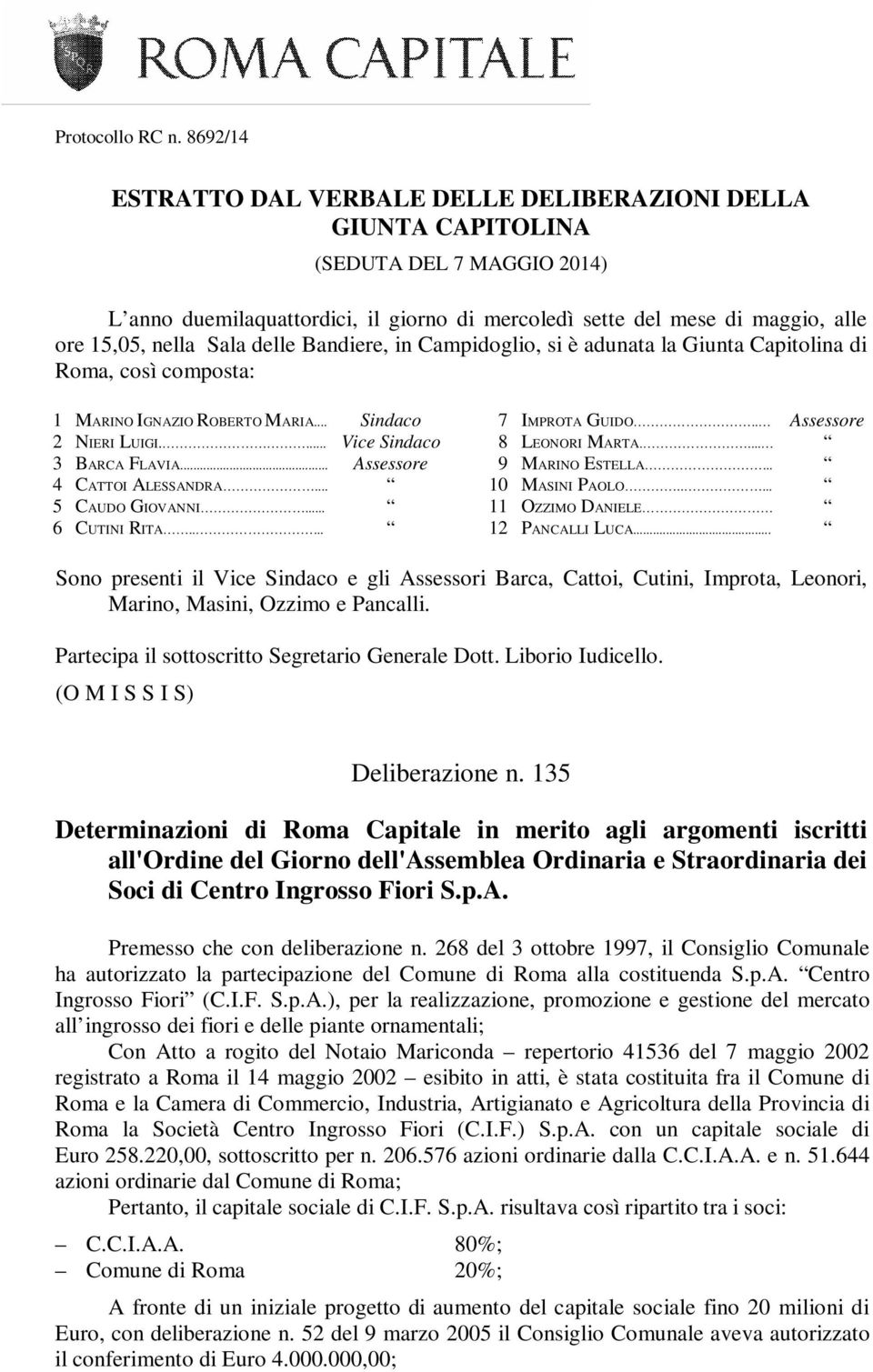 Sala delle Bandiere, in Campidoglio, si è adunata la Giunta Capitolina di Roma, così composta: 1 MARINO IGNAZIO ROBERTO MARIA... Sindaco 2 NIERI LUIGI.... Vice Sindaco 3 BARCA FLAVIA.