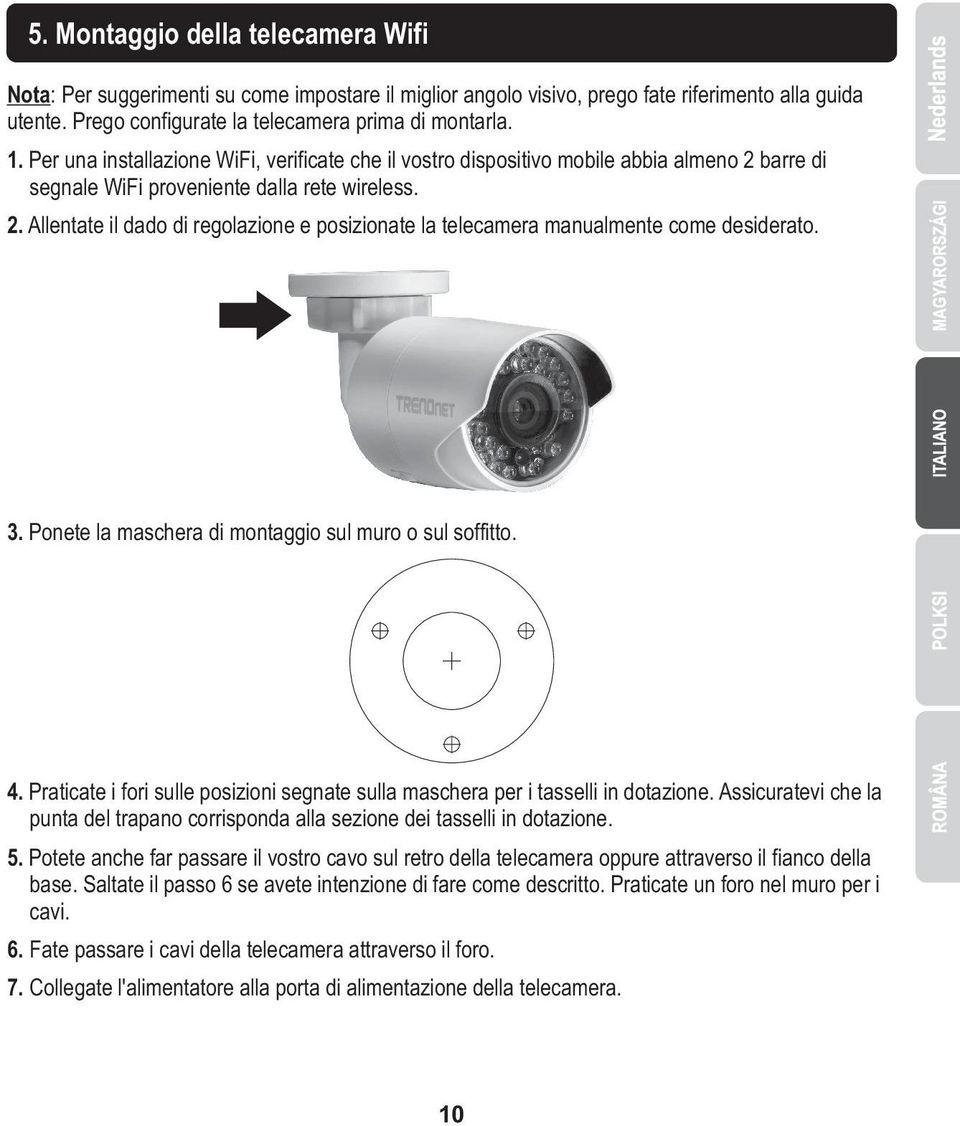 3. Ponete la maschera di montaggio sul muro o sul soffitto. 4. Praticate i fori sulle posizioni segnate sulla maschera per i tasselli in dotazione.