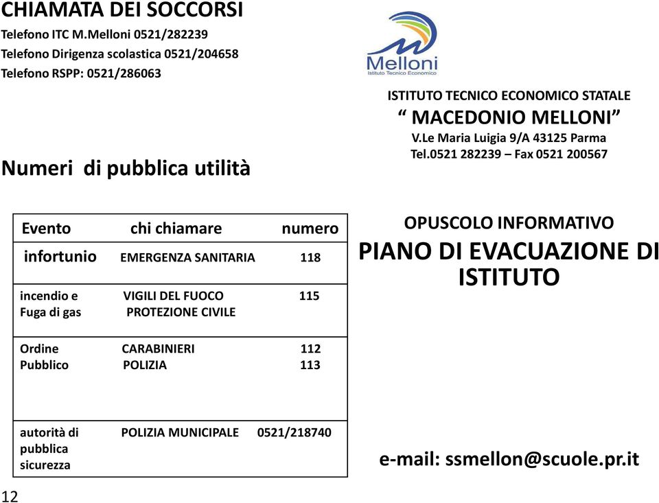 infortunio EMERGENZA SANITARIA 118 incendio e VIGILI DEL FUOCO 115 Fuga di gas PROTEZIONE CIVILE ISTITUTO TECNICO ECONOMICO STATALE MACEDONIO