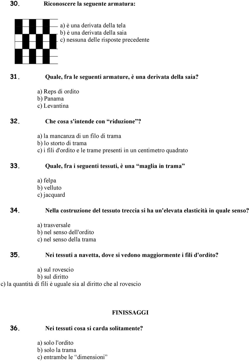 a) la mancanza di un filo di trama b) lo storto di trama c) i fili d'ordito e le trame presenti in un centimetro quadrato 33.