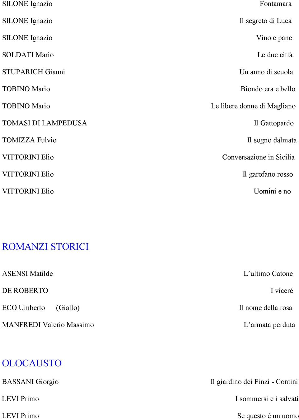 dalmata Conversazione in Sicilia Il garofano rosso Uomini e no ROMANZI STORICI ASENSI Matilde DE ROBERTO L ultimo Catone I viceré ECO Umberto (Giallo) Il nome della