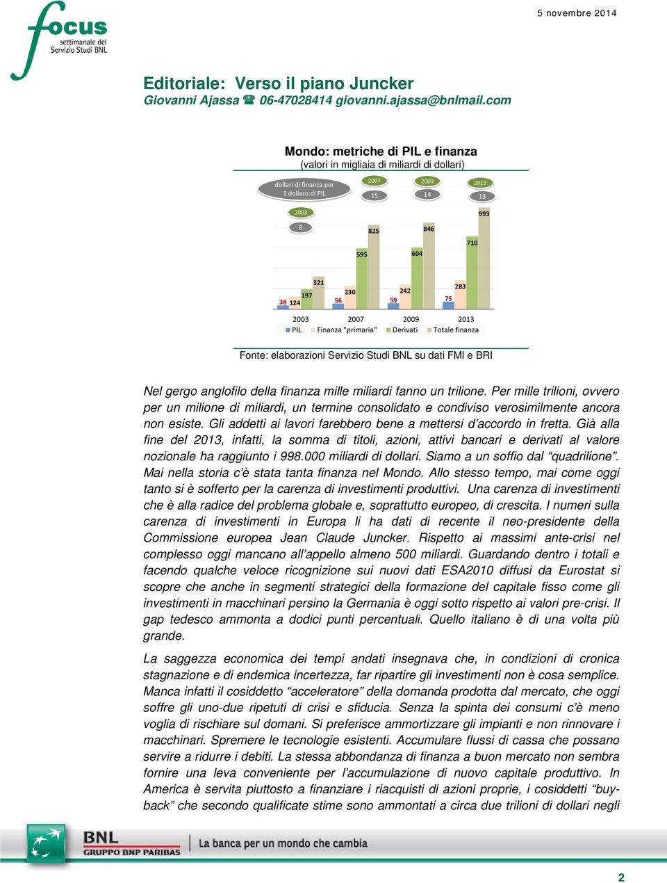 124 23 27 29 213 PIL Finanza "primaria" Derivati Totale finanza Fonte: elaborazioni Servizio Studi BNL su dati FMI e BRI Nel gergo anglofilo della finanza mille miliardi fanno un trilione.