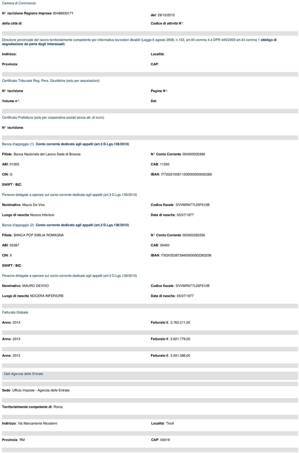 43 comma 1 obbligo di segnalazione da parte degli interessati) Indirizzo: Provincia: Località: CAP: Certificato Tribunale Reg. Pers.