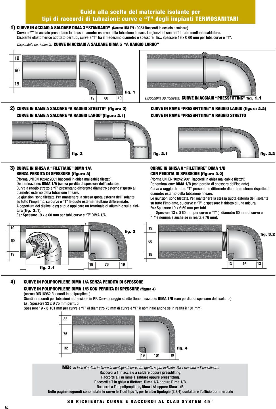 L isolante elastomerico adottato per tubi, curve e T ha il medesimo diametro e spessore. Es.: Spessore 19 x 60 per tubi, curve e T.