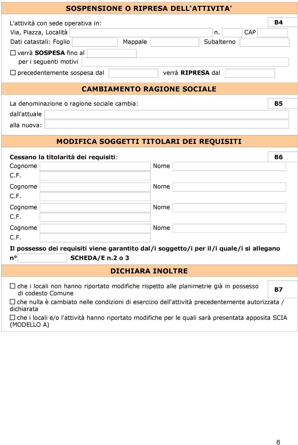 sociale cambia: dall'attuale B5 alla nuova: MODIFICA SOGGETTI TITOLARI DEI REQUISITI Cessano la titolarità dei requisiti: C.F. C.F. C.F. C.F. B6 Il possesso dei requisiti viene garantito dal/i soggetto/i per il/i quale/i si allegano n SCHEDA/E n.