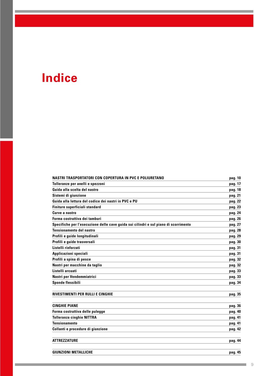 26 Specifiche per l esecuzione delle cave guida sui cilindri e sul piano di scorrimento pag. 27 Tensionamento del nastro pag. 28 Profili e guide longitudinali pag. 29 Profili e guide trasversali pag.