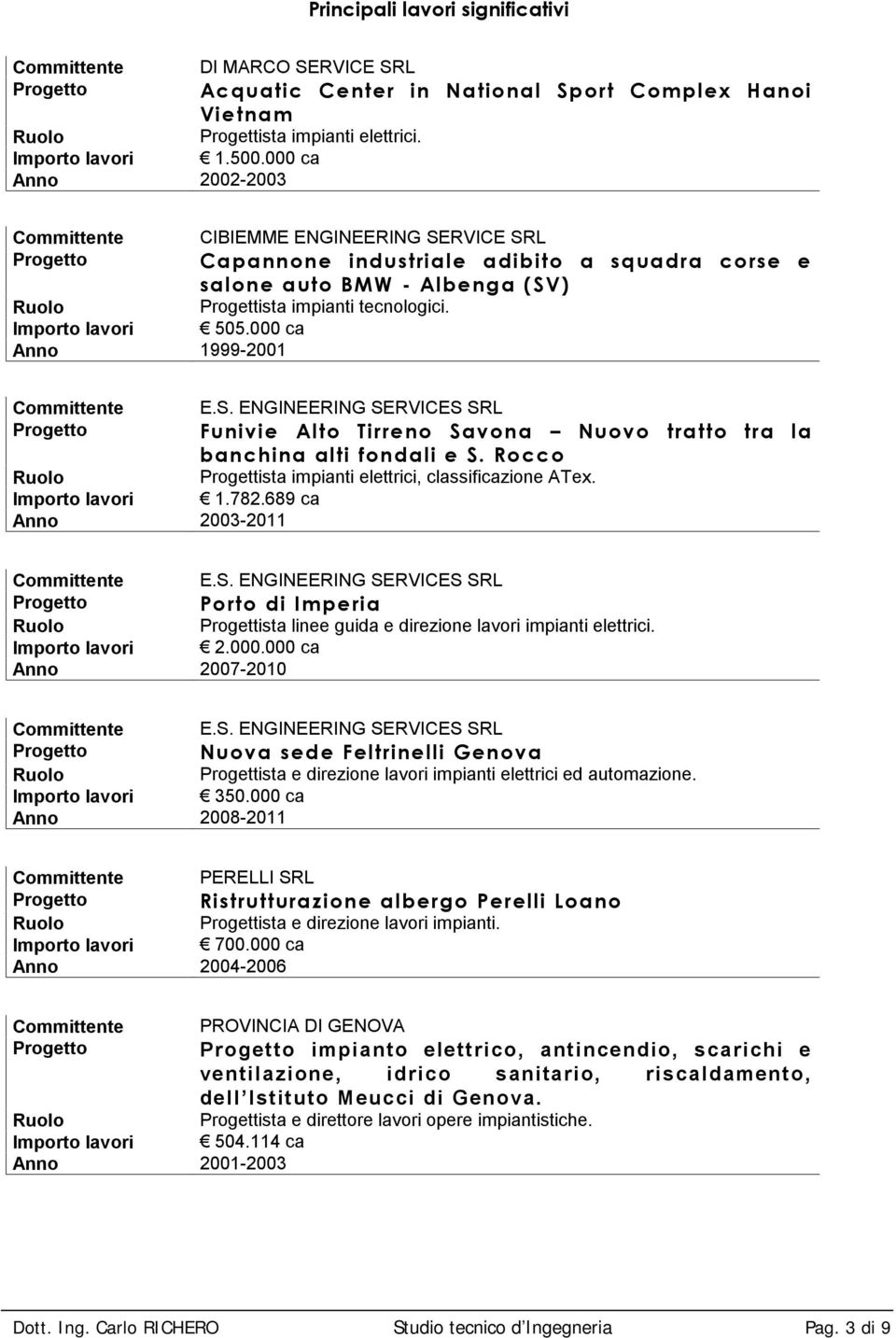 Rocco Progettista impianti elettrici, classificazione ATex. 1.782.689 ca 2003-2011 E.S. ENGINEERING SERVICES SRL Porto di Imperia Progettista linee guida e direzione lavori impianti elettrici. 2.000.