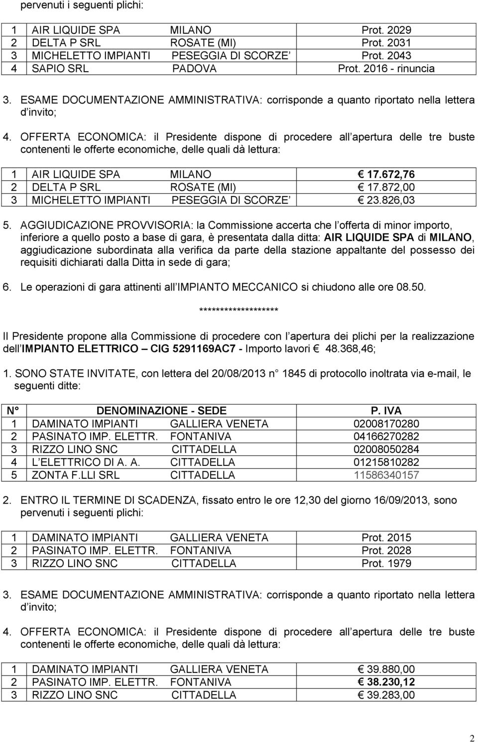 672,76 2 DELTA P SRL ROSATE (MI) 17.872,00 3 MICHELETTO IMPIANTI PESEGGIA DI SCORZE 23.826,03 5.