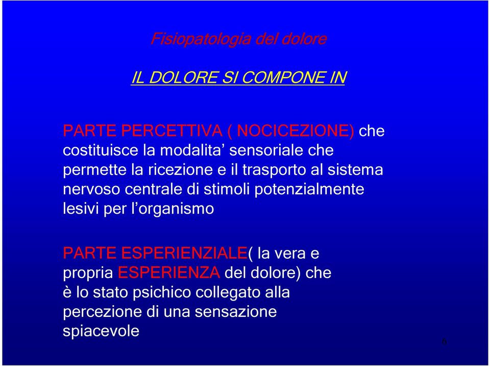 centrale di stimoli potenzialmente lesivi per l organismo PARTE ESPERIENZIALE( la vera e