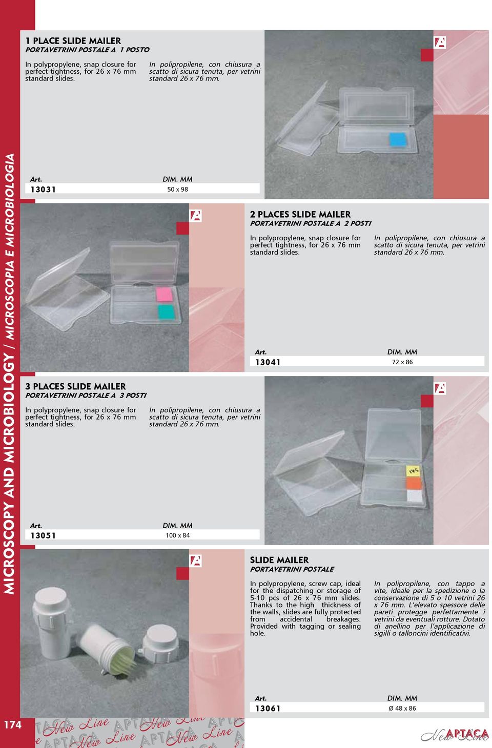 13031 50 x 98 3 PLACES SLIDE MAILER PORTAVETRINI POSTALE A 3 POSTI In polypropylene, snap closure for perfect tightness, for 26 x 76 mm standard slides.