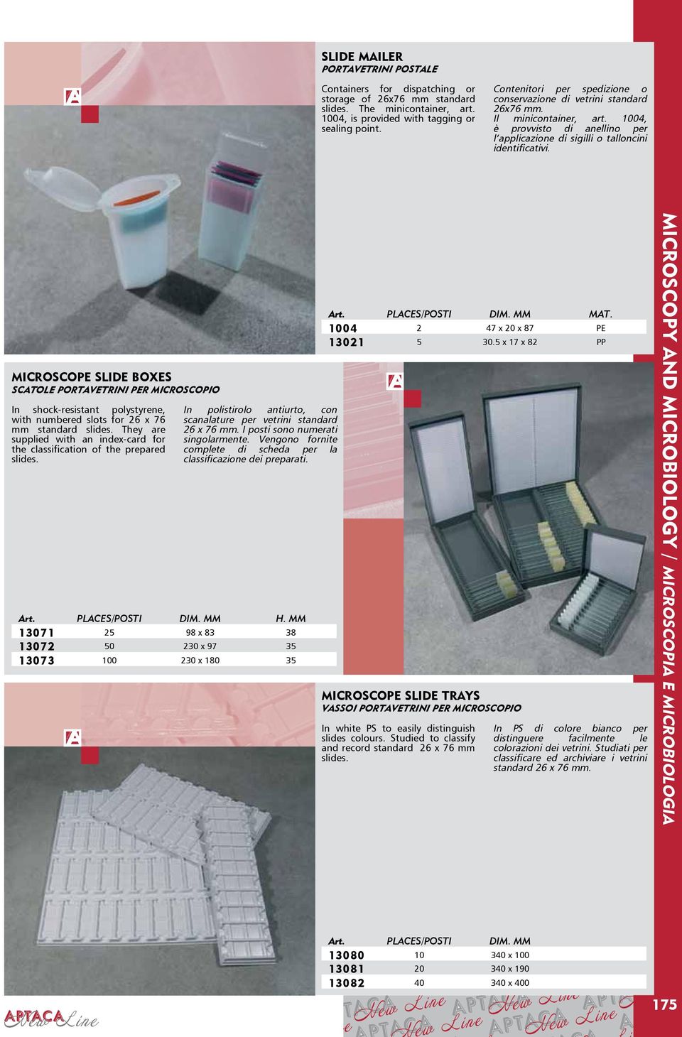 MICROSCOPE SLIDE BOXES SCATOLE PORTAVETRINI PER MICROSCOPIO In shock-resistant polystyrene, with numbered slots for 26 x 76 mm standard slides.