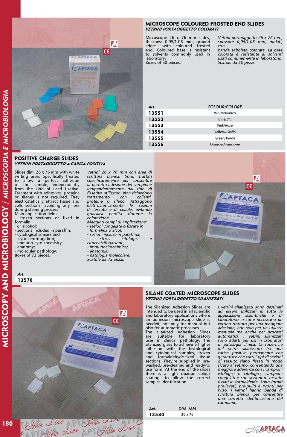 La base colorata è resistente ai solventi usati comunemente in laboratorio. Scatole da 50 pezzi. 180 POSITIVE CHARGE SLIDES VETRINI PORTAOGGETTO A CARICA POSITIVA Slides dim.