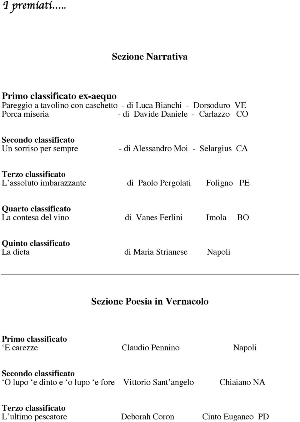 Secondo classificato Un sorriso per sempre - di Alessandro Moi - Selargius CA Terzo classificato L assoluto imbarazzante di Paolo Pergolati Foligno PE Quarto