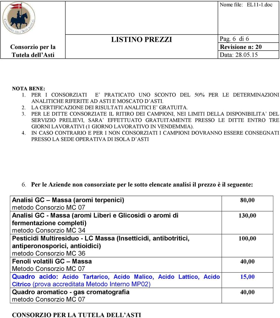 LAVORATIVO IN VENDEMMIA). 4. IN CASO CONTRARIO E PER I NON CONSORZIATI I CAMPIONI DOVRANNO ESSERE CONSEGNATI PRESSO LA SEDE OPERATIVA DI ISOLA D ASTI 6.