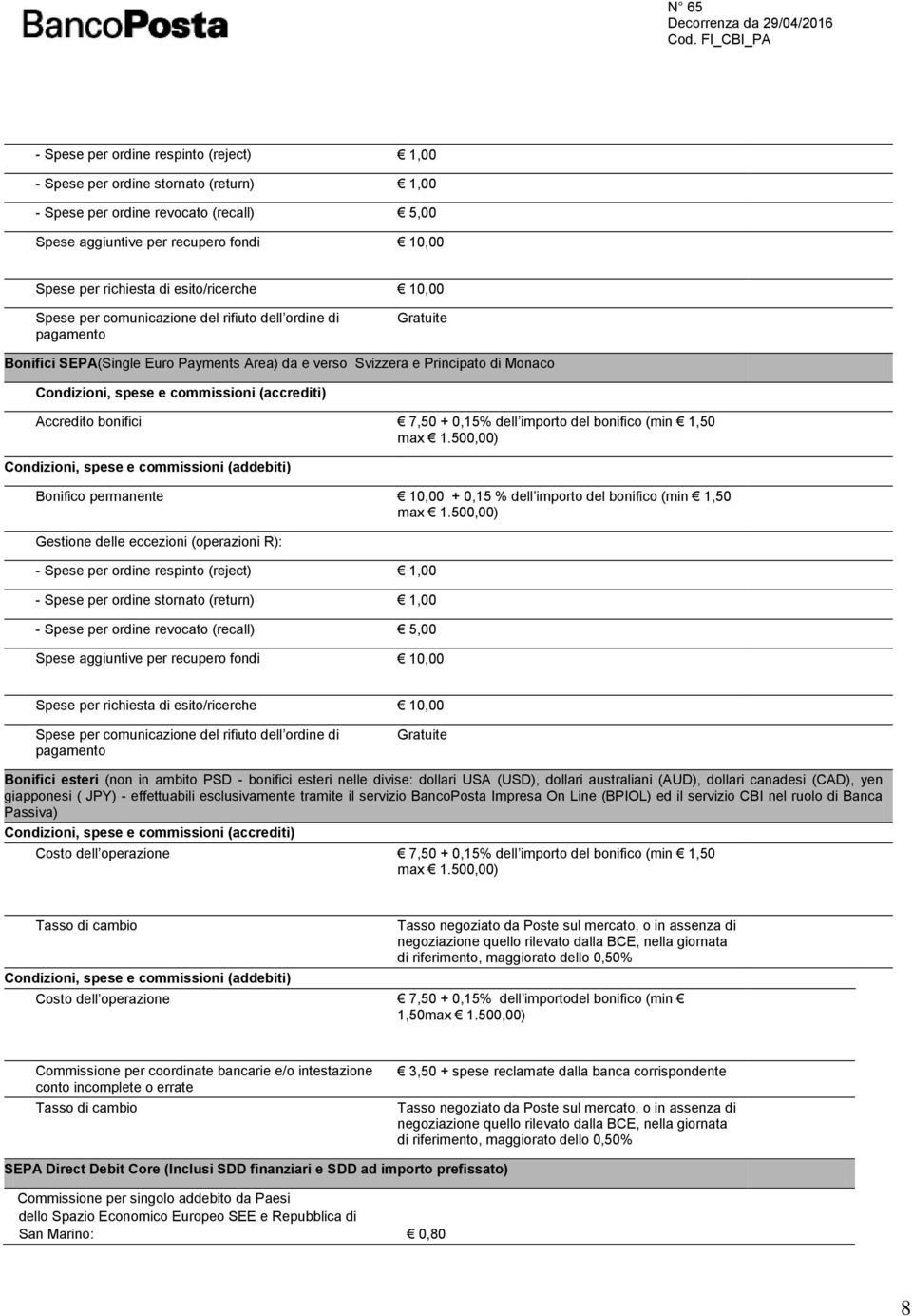 bonifici 7,50 + 0,15% dell importo del bonifico (min 1,50 max 1.500,00) (addebiti) Bonifico permanente 10,00 + 0,15 % dell importo del bonifico (min 1,50 max 1.