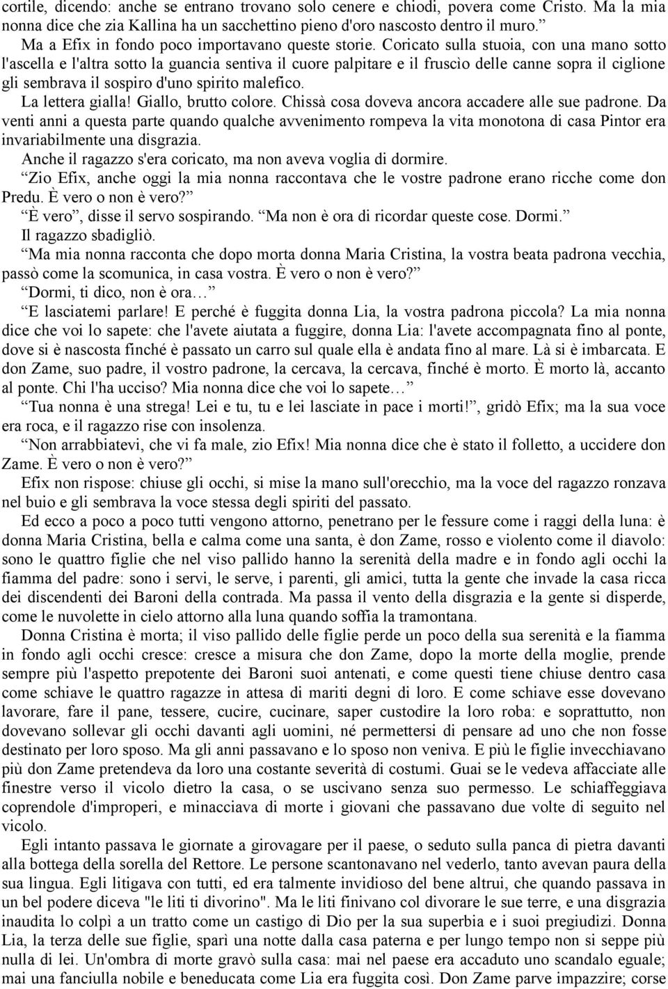 Coricato sulla stuoia, con una mano sotto l'ascella e l'altra sotto la guancia sentiva il cuore palpitare e il fruscìo delle canne sopra il ciglione gli sembrava il sospiro d'uno spirito malefico.