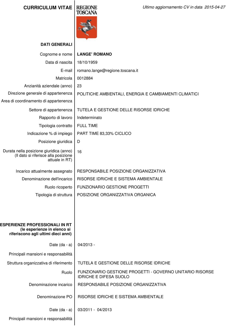 appartenenza Rapporto di lavoro Tipologia contratto Indicazione % di impiego Posizione giuridica Durata nella posizione giuridica (anno) (Il dato si riferisce alla posizione attuale in RT) Incarico