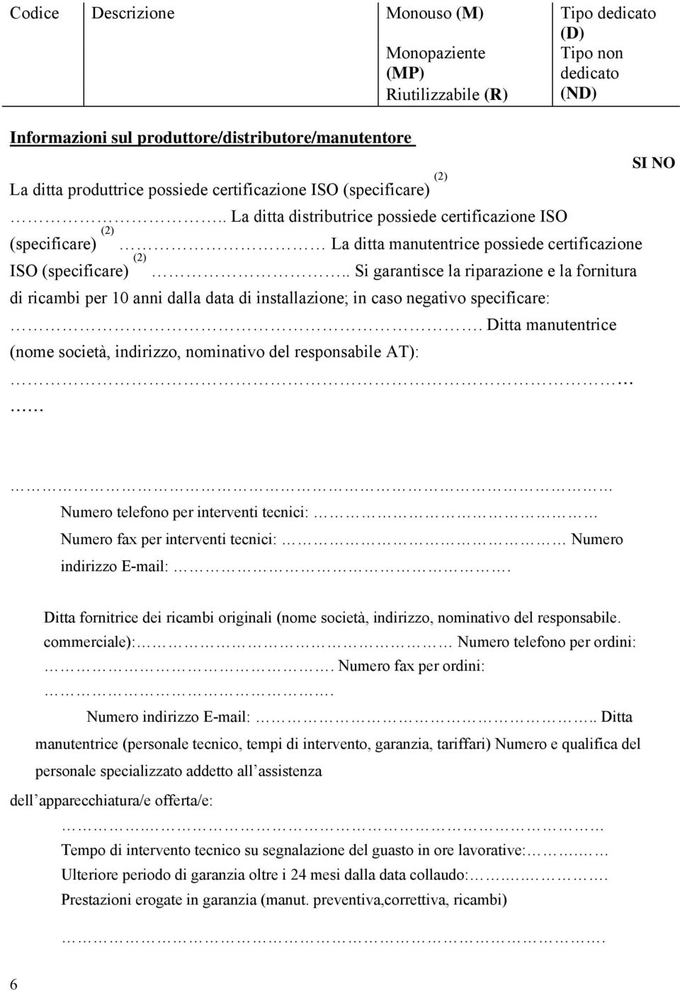 . Si garantisce la riparazione e la fornitura di ricambi per 10 anni dalla data di installazione; in caso negativo specificare:.