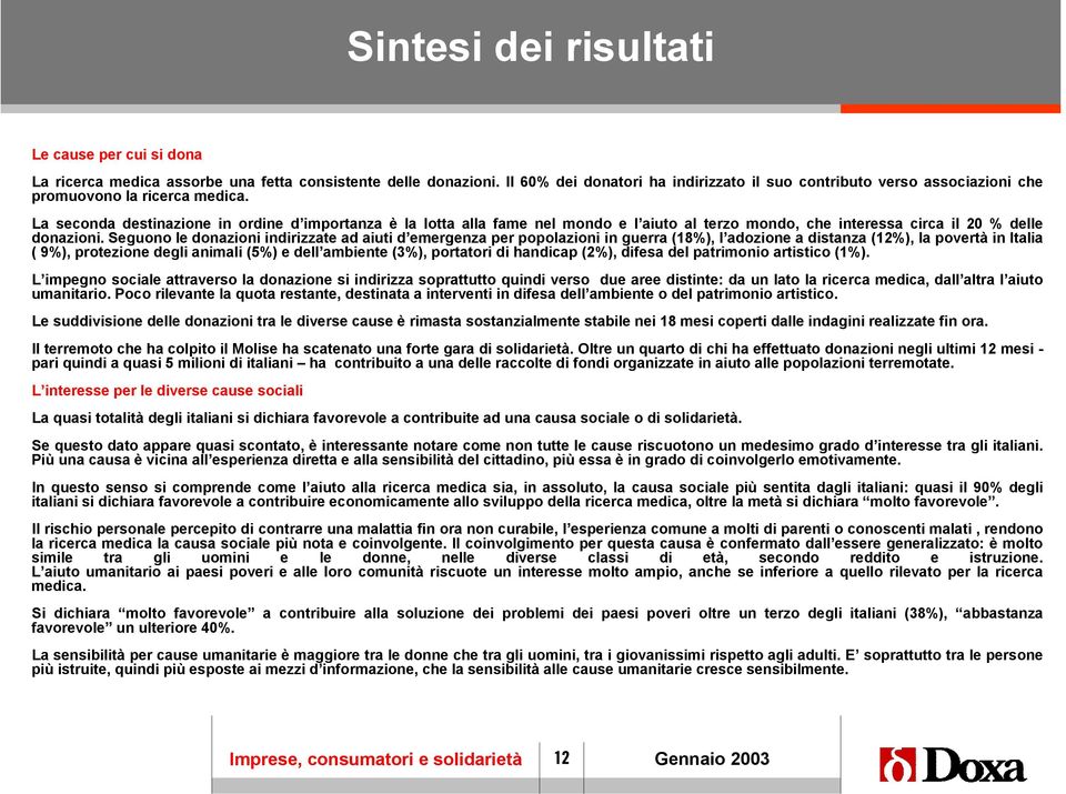 La seconda destinazione in ordine d importanza è la lotta alla fame nel mondo e l aiuto al terzo mondo, che interessa circa il 20 % delle donazioni.