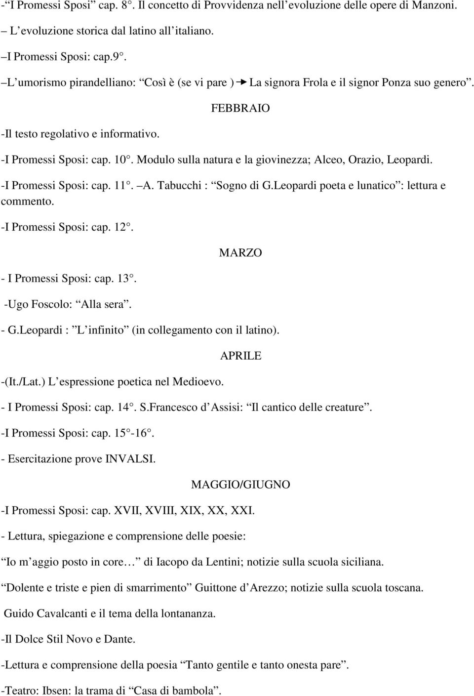 Modulo sulla natura e la giovinezza; Alceo, Orazio, Leopardi. -I Promessi Sposi: cap. 11. A. Tabucchi : Sogno di G.Leopardi poeta e lunatico : lettura e commento. -I Promessi Sposi: cap. 12.