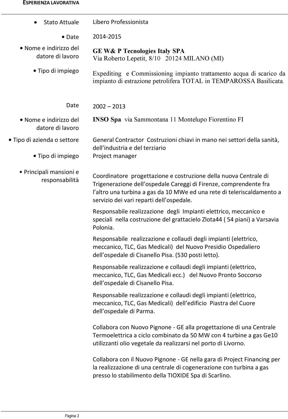 2002 2013 INSO Spa via Sammontana 11 Montelupo Fiorentino FI General Contractor Costruzioni chiavi in mano nei settori della sanità, dell industria e del terziario Project manager Coordinatore