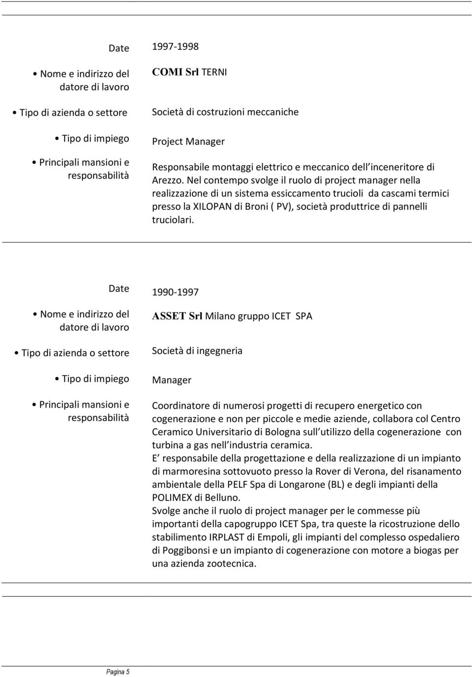 1990-1997 ASSET Srl Milano gruppo ICET SPA Società di ingegneria Manager Coordinatore di numerosi progetti di recupero energetico con cogenerazione e non per piccole e medie aziende, collabora col