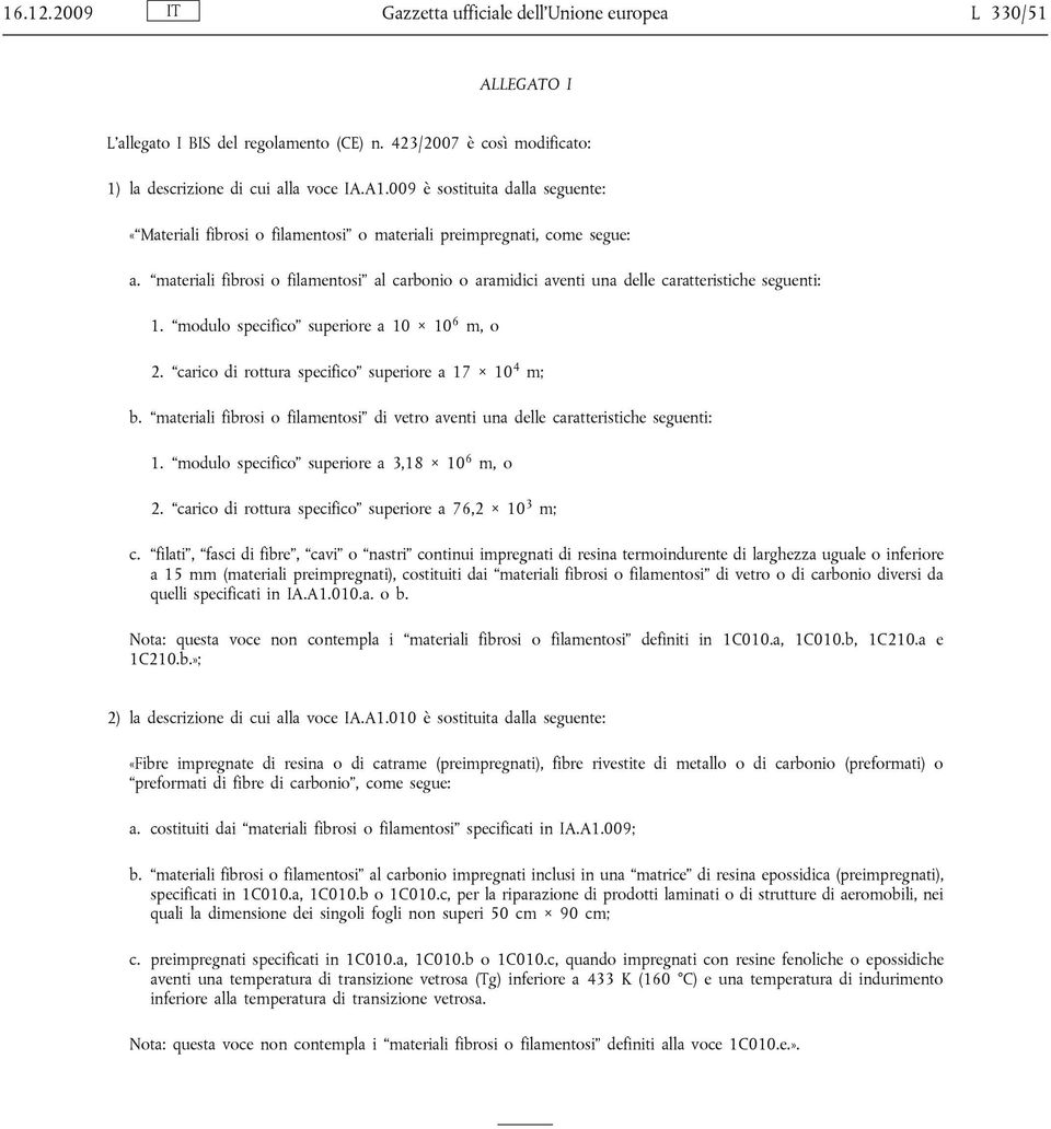 materiali fibrosi o filamentosi al carbonio o aramidici aventi una delle caratteristiche seguenti: 1. modulo specifico superiore a 10 10 6 m, o 2. carico di rottura specifico superiore a 17 10 4 m; b.