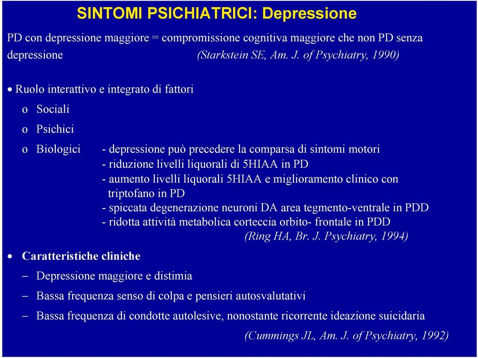 aumento livelli liquorali 5HIAA e miglioramento clinico con triptofano in PD - spiccata degenerazione neuroni DA area tegmento-ventrale in PDD - ridotta attività metabolica corteccia orbito- frontale