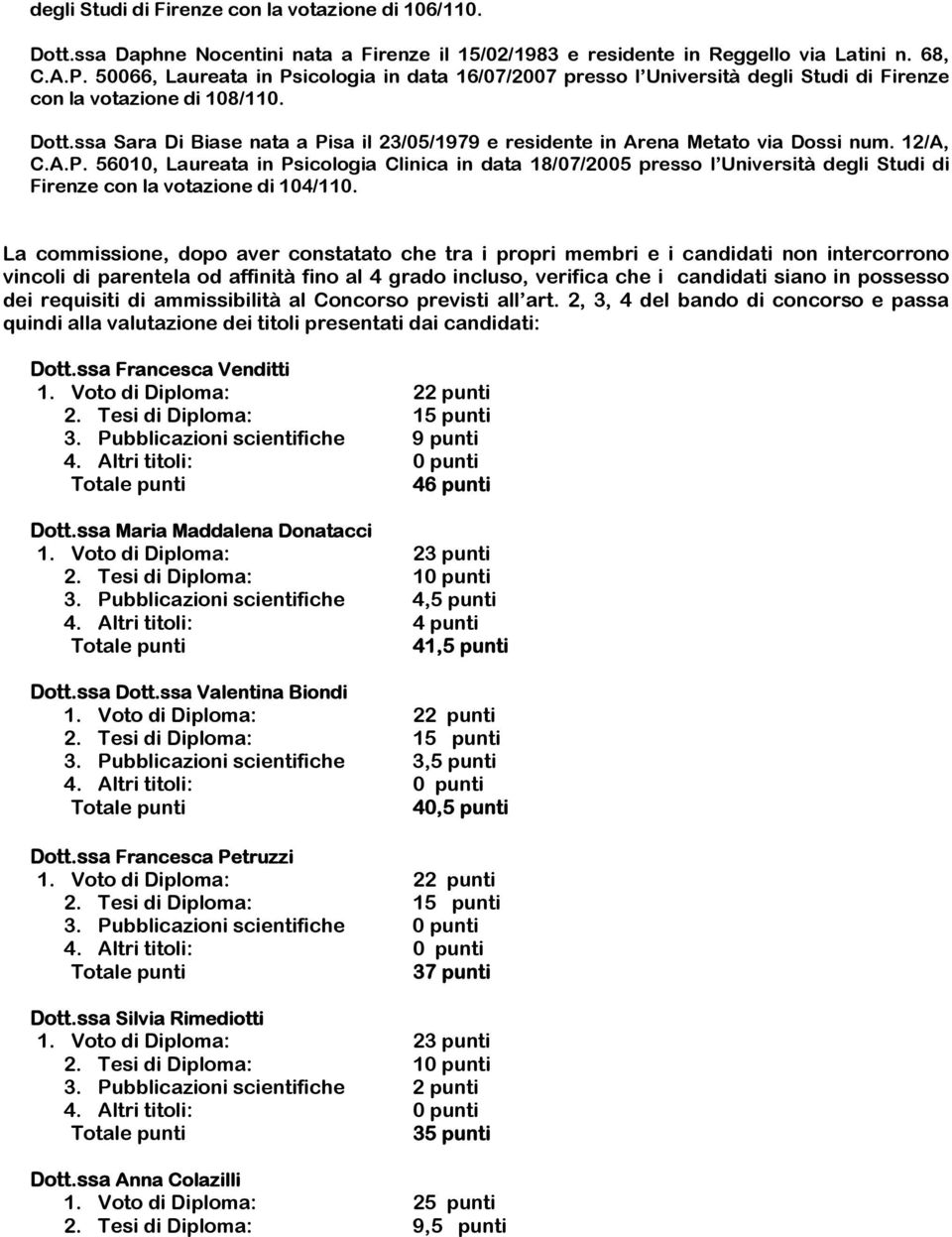 ssa Sara Di Biase nata a Pisa il 23/05/1979 e residente in Arena Metato via Dossi num. 12/A, C.A.P. 56010, Laureata in Psicologia Clinica in data 18/07/2005 presso l Università degli Studi di Firenze con la votazione di 104/110.