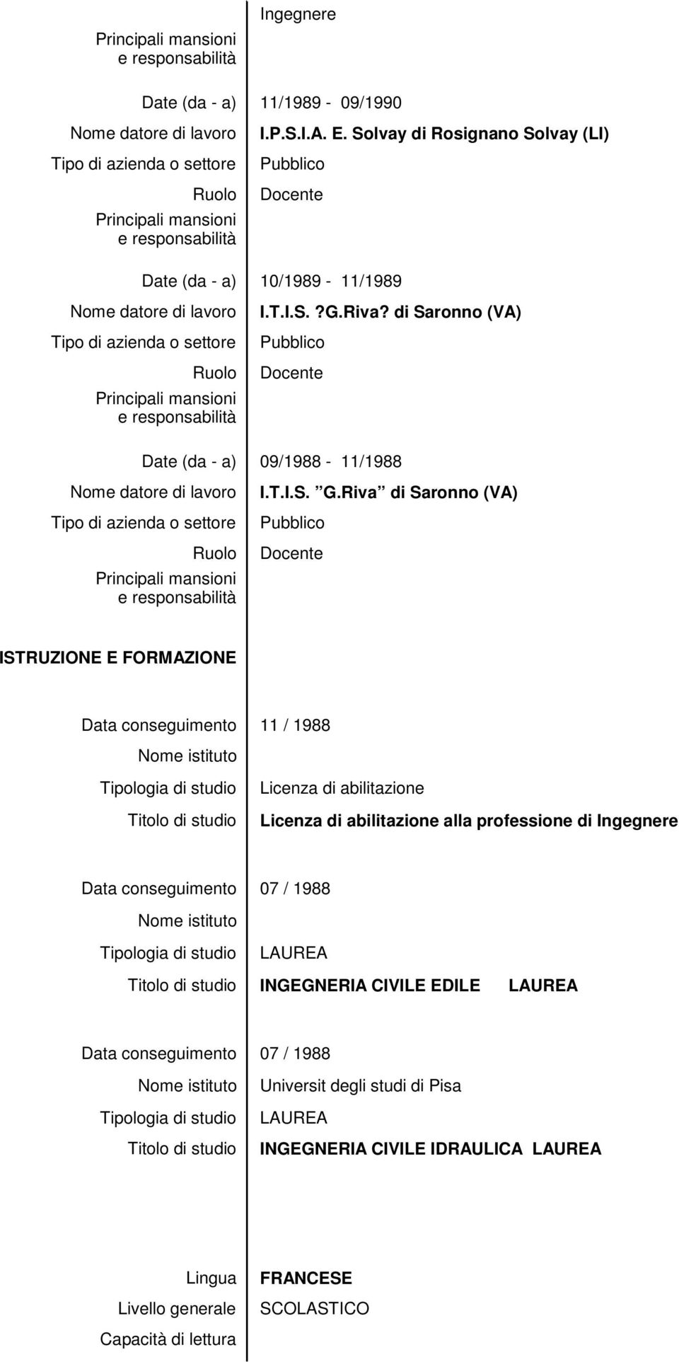 Riva di Saronno (VA) ISTRUZIONE E FORMAZIONE Data conseguimento 11 / 1988 Nome istituto Tipologia di studio Titolo di studio Licenza di abilitazione Licenza di abilitazione alla