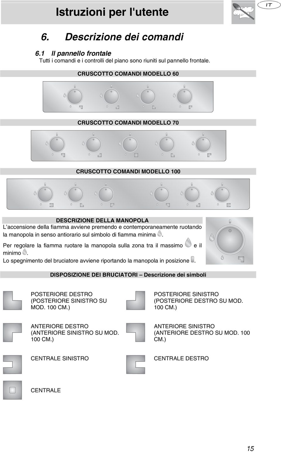 in senso antiorario sul simbolo di fiamma minima. Per regolare la fiamma ruotare la manopola sulla zona tra il massimo e il minimo.