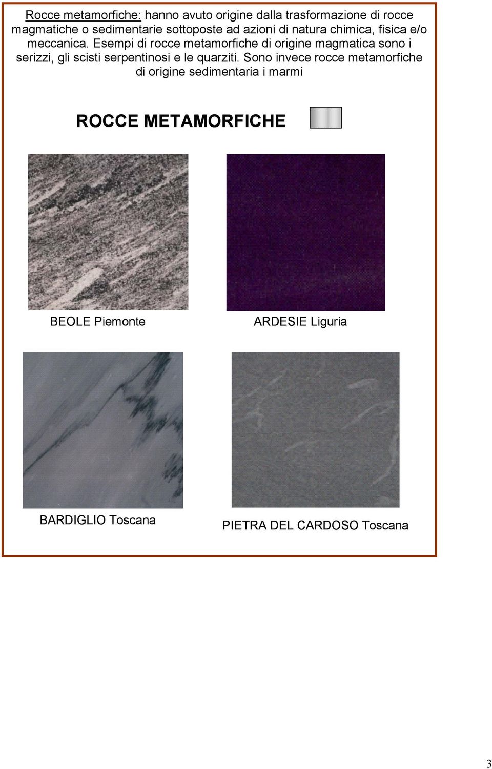 Esempi di rocce metamorfiche di origine magmatica sono i serizzi, gli scisti serpentinosi e le quarziti.