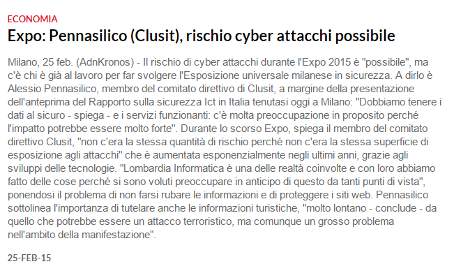Oggi Expo: Pennasilico (Clusit), il rischio