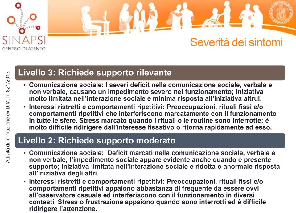 Interessi ristretti e comportamenti ripetitivi: Preoccupazioni, rituali fissi e/o comportamenti ripetitivi che interferiscono marcatamente con il funzionamento in tutte le sfere.