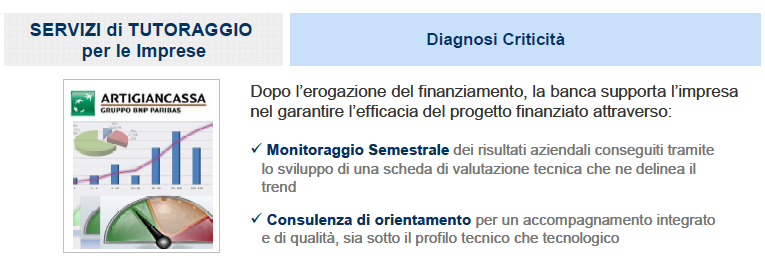 ARTIGIANCASSA Service Microcredito I servizi ausiliari (5/5) 4 Supporto all individuazione e diagnosi di eventuali criticità dell implementazione del progetto finanziato Tale servizio si caratterizza