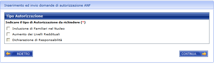 Figura 8 ACQUISIZIONE TIPI AUTORIZZAZIONE Questa maschera viene comunque reimpostata in base a quanto dichiarato nelle maschere precedenti; infatti : se il richiedente ha dichiarato di essere