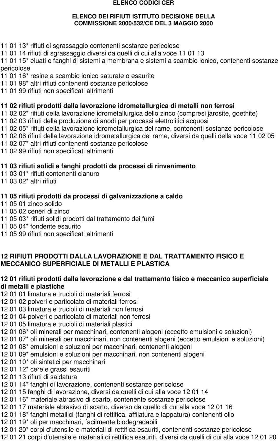 11 02 rifiuti prodotti dalla lavorazione idrometallurgica di metalli non ferrosi 11 02 02* rifiuti della lavorazione idrometallurgica dello zinco (compresi jarosite, goethite) 11 02 03 rifiuti della