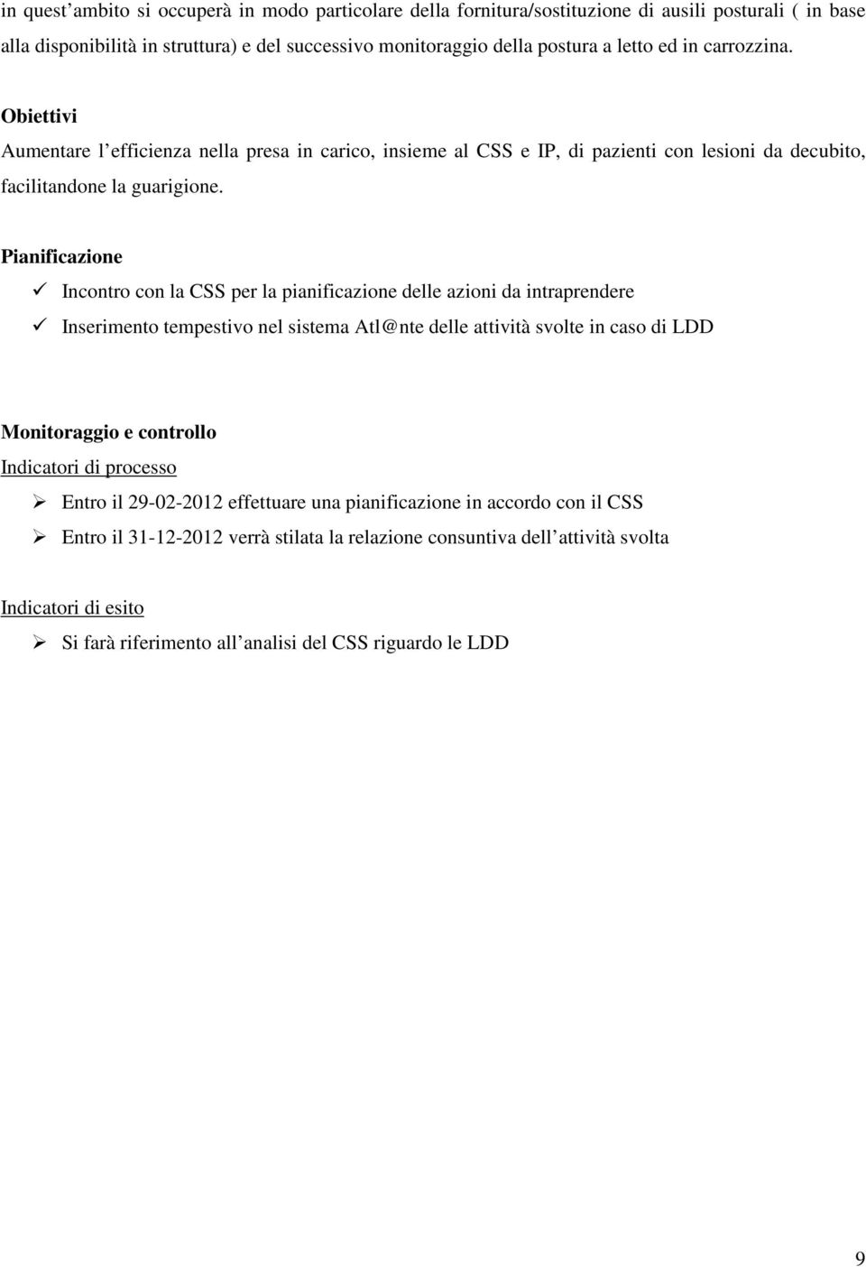 Pianificazione Incontro con la CSS per la pianificazione delle azioni da intraprendere Inserimento tempestivo nel sistema Atl@nte delle attività svolte in caso di LDD Monitoraggio e controllo