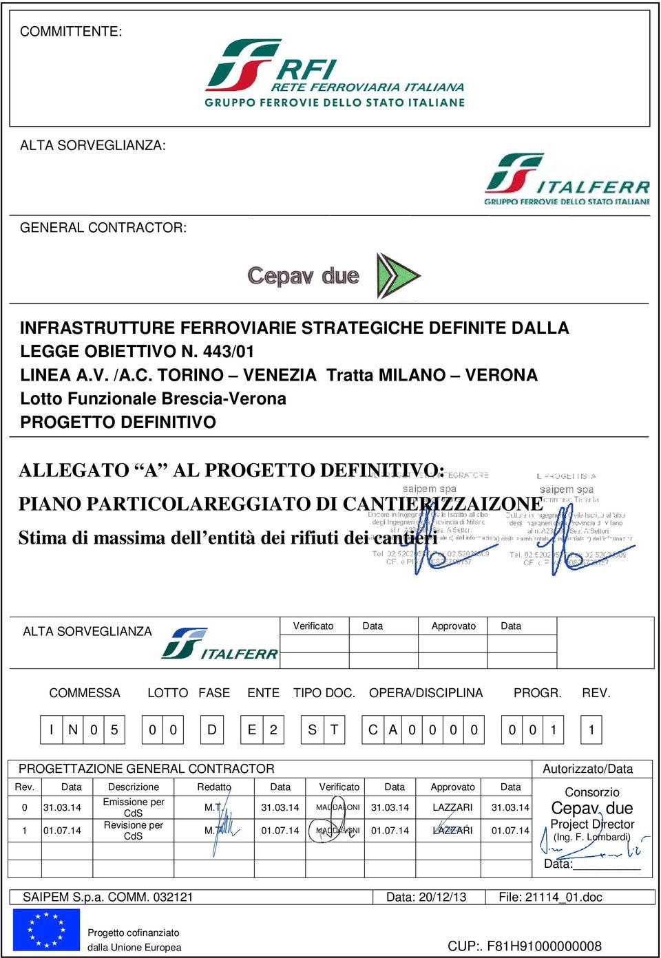 TIPO DOC. OPERA/DISCIPLINA I 0 0 E 2 S T C A 0 0 0 0 N 0 5 D PROGR. 0 0 1 PROGETTAZIONE GENERAL CONTRACTOR Rev. 0 1 Descrizione Emissione per CdS Revisione per CdS Verificato M.T. MADDALONI 1 Autorizzato/ Redatto M.