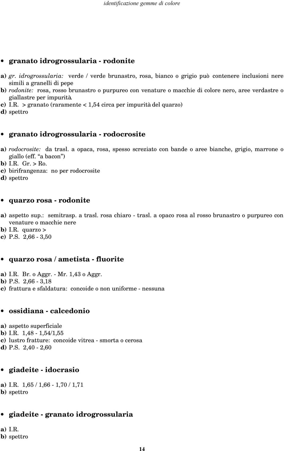 nero, aree verdastre o giallastre per impurità. c) I.R. > granato (raramente < 1,54 circa per impurità del quarzo) d) spettro granato idrogrossularia - rodocrosite a) rodocrosite: da trasl.