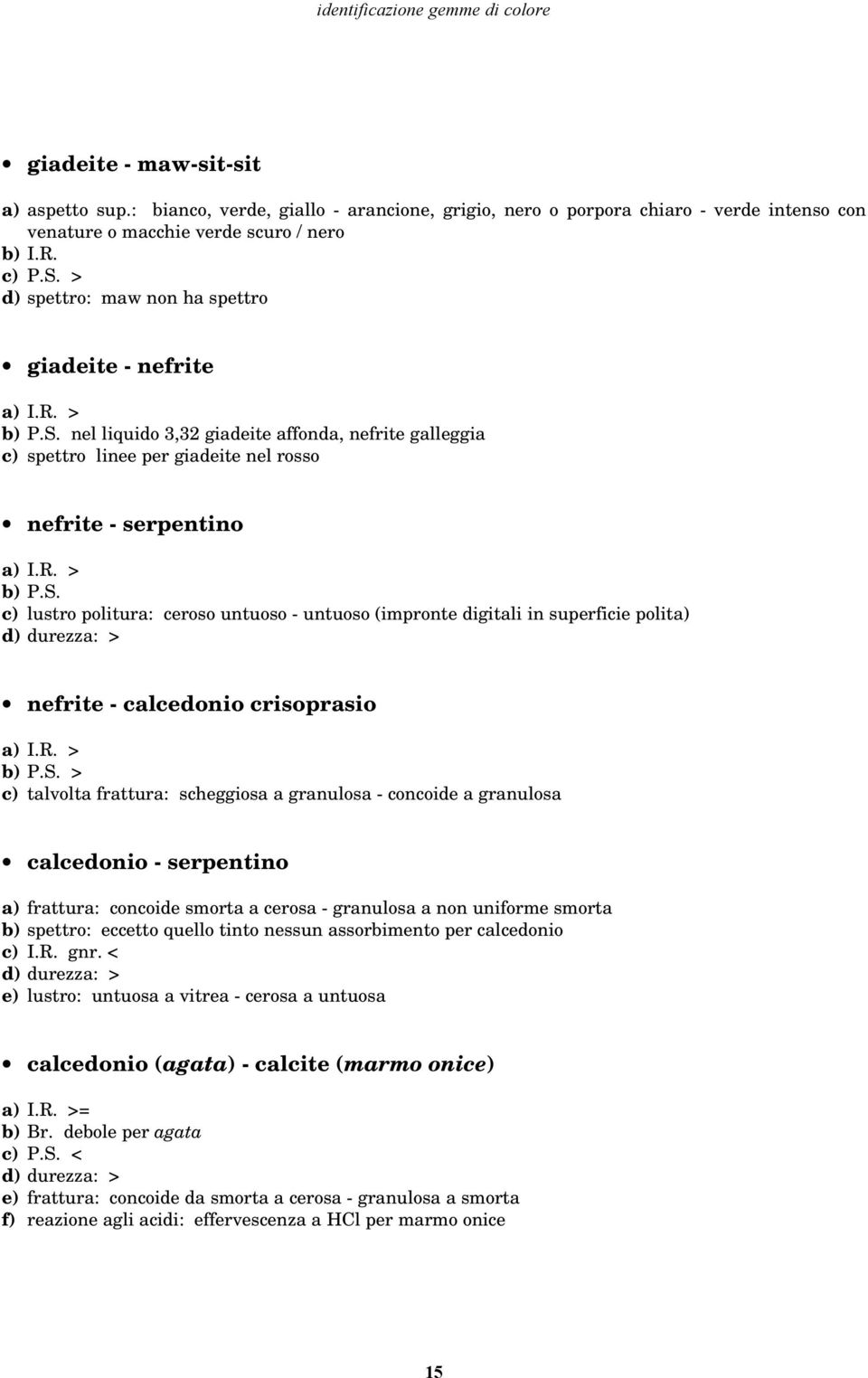 nel liquido 3,32 giadeite affonda, nefrite galleggia c) spettro linee per giadeite nel rosso nefrite - serpentino a) I.R. > b) P.S.