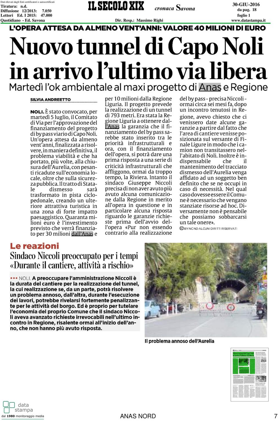 050 Lettori Ed. I 2015: 47.000 Quotidiano - Ed. Savona Dir.