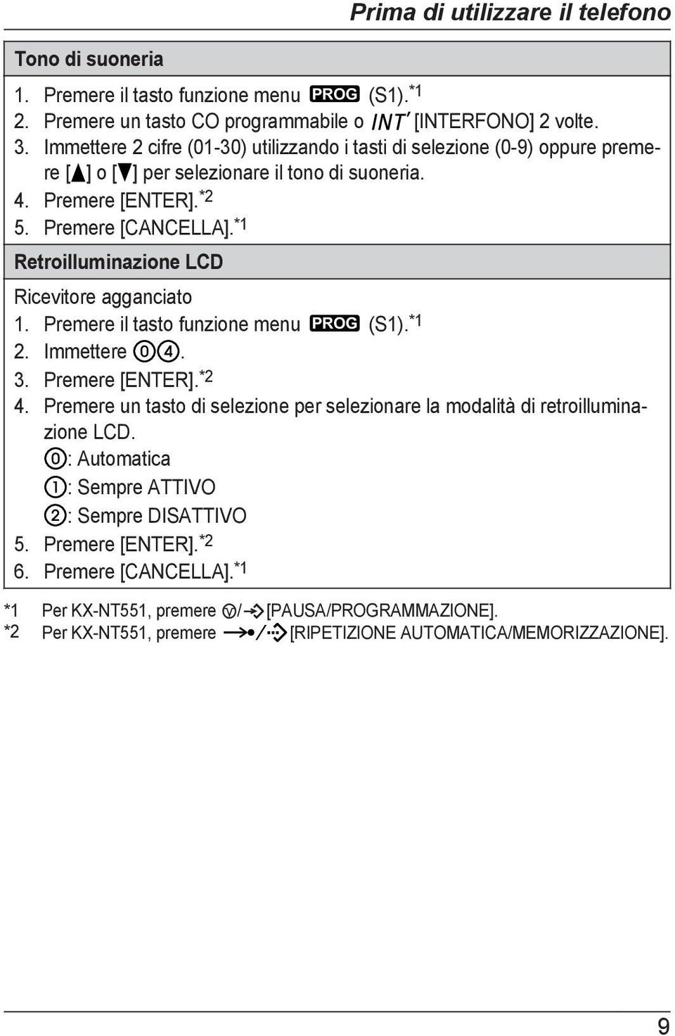 *1 Retroilluminazione LCD Prima di utilizzare il telefono Ricevitore agganciato 1. Premere il tasto funzione menu PROG (S1). *1 2. Immettere. 3. Premere [ENTER]. *2 4.