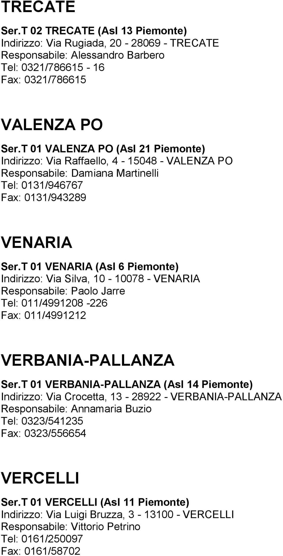 T 01 VENARIA (Asl 6 Piemonte) Indirizzo: Via Silva, 10-10078 - VENARIA Responsabile: Paolo Jarre Tel: 011/4991208-226 Fax: 011/4991212 VERBANIA-PALLANZA Ser.