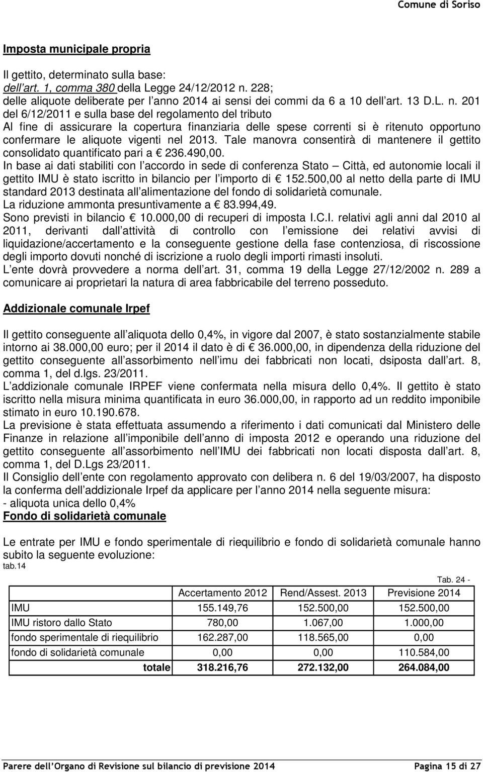 201 del 6/12/2011 e sulla base del regolamento del tributo Al fine di assicurare la copertura finanziaria delle spese correnti si è ritenuto opportuno confermare le aliquote vigenti nel 2013.