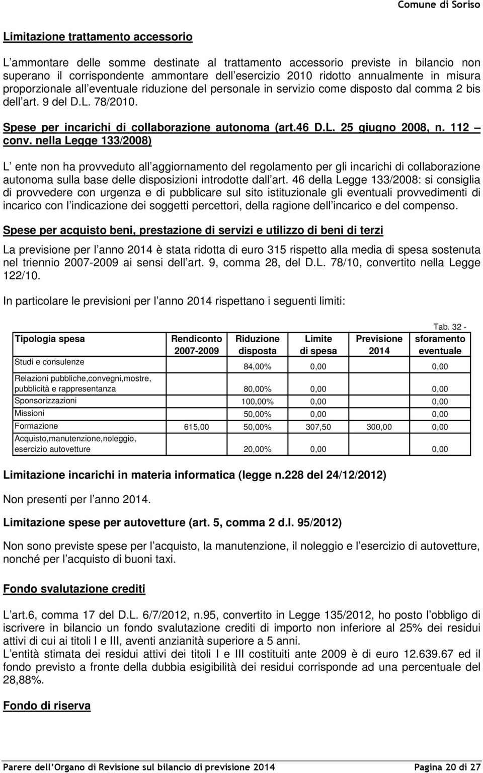 112 conv. nella Legge 133/2008) L ente non ha provveduto all aggiornamento del regolamento per gli incarichi di collaborazione autonoma sulla base delle disposizioni introdotte dall art.