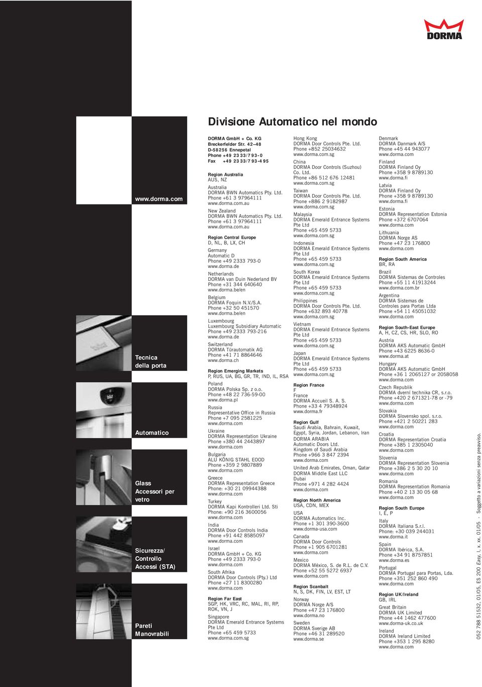 au New Zealand DORMA BWN Automatics Pty. Ltd. Phone +61 97964.au Region Central Europe D, NL, B, L, CH Germany Automatic D Phone +49 79-0 www.dorma.