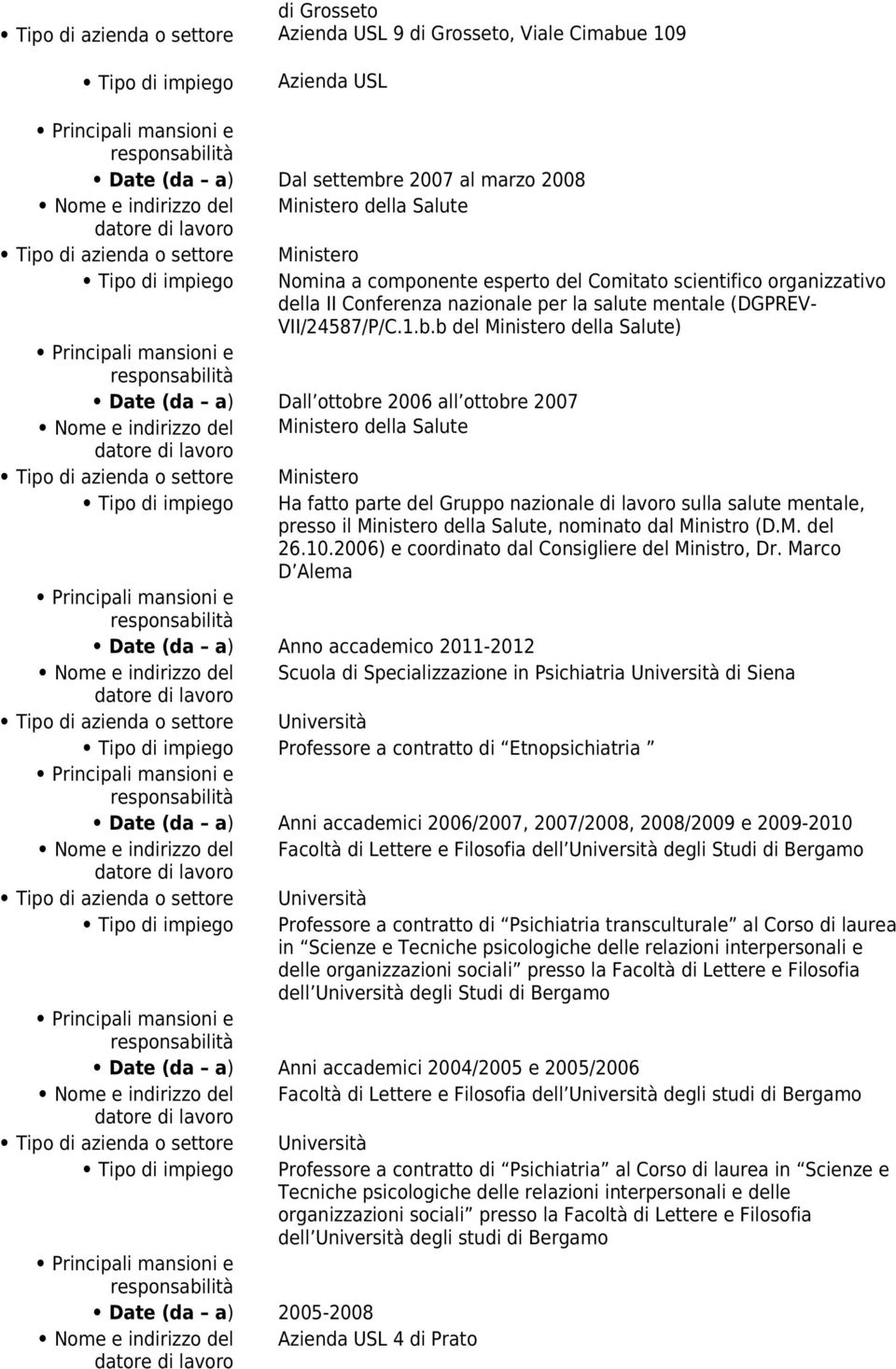 b del Ministero della Salute) Date (da a) Dall ottobre 2006 all ottobre 2007 Nome e indirizzo del Ministero della Salute Ministero Ha fatto parte del Gruppo nazionale di lavoro sulla salute mentale,