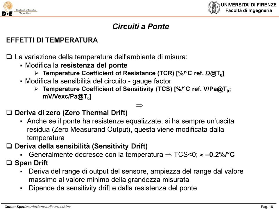 V/Pa@T 0 ; mv/vexc/pa@t 0 ] Deriva di zero (Zero Thermal Drift) Anche se il ponte ha resistenze equalizzate, si ha sempre un uscita residua (Zero Measurand Output), questa viene modificata dalla